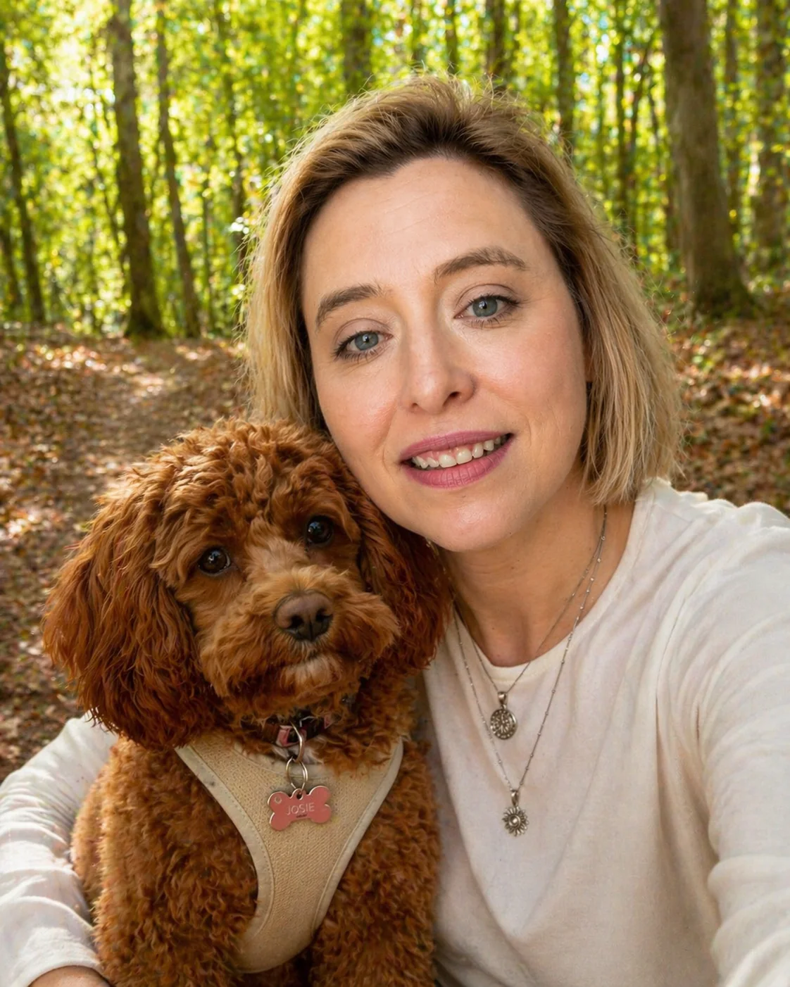 Manuela Guerinaud-Klein mit ihrer Hündin Josie im Wald bei Kaiserslautern